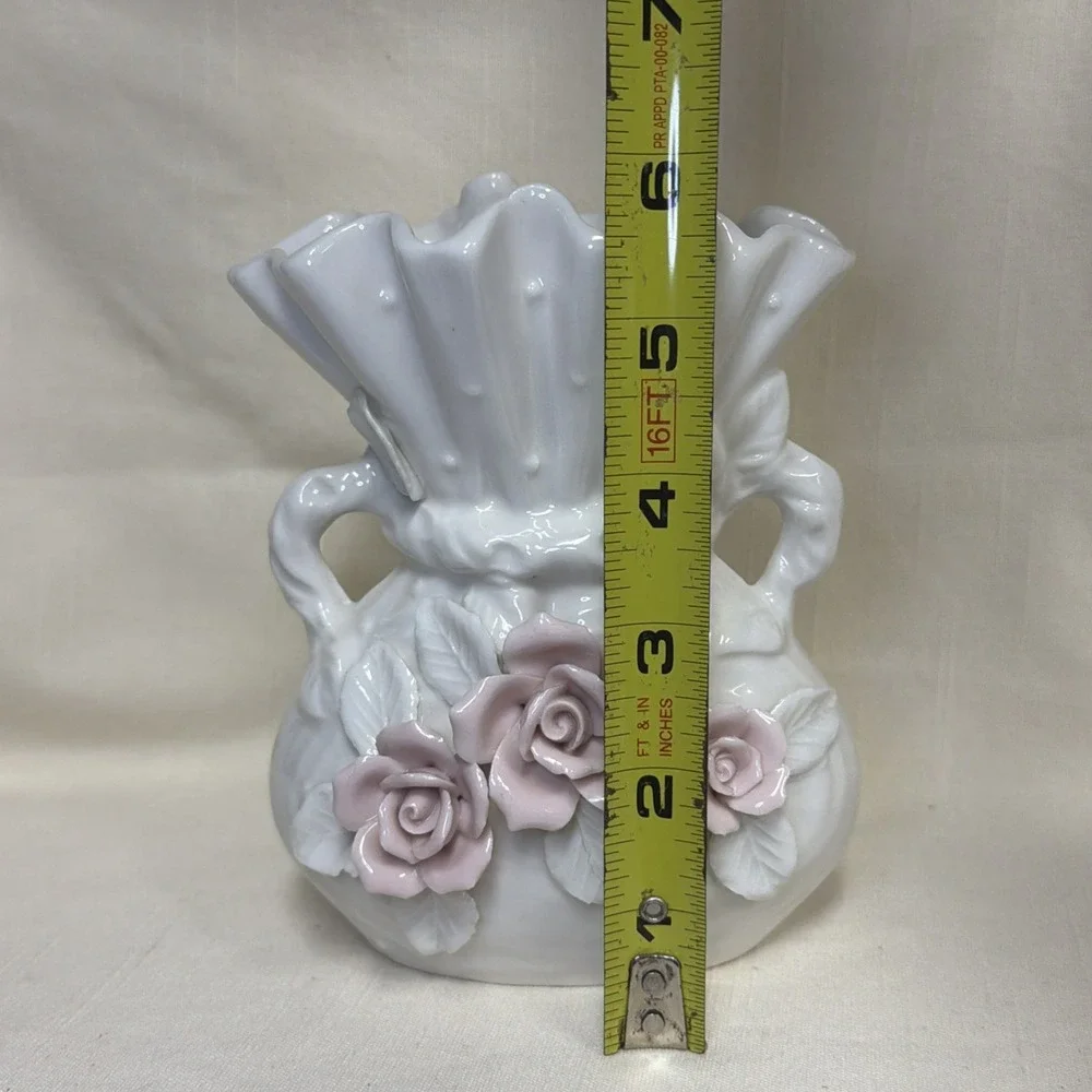 Vintage White Ribbed Vase Applied Pink Roses Leaves Small Flowers